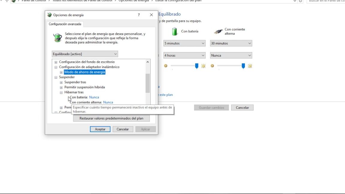 configura perfiles de energia segun bateria y rendimiento